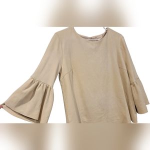 Altar'd State Women's Crop Top Blouse Faux Suede Cream Bell Sleeve Size Large